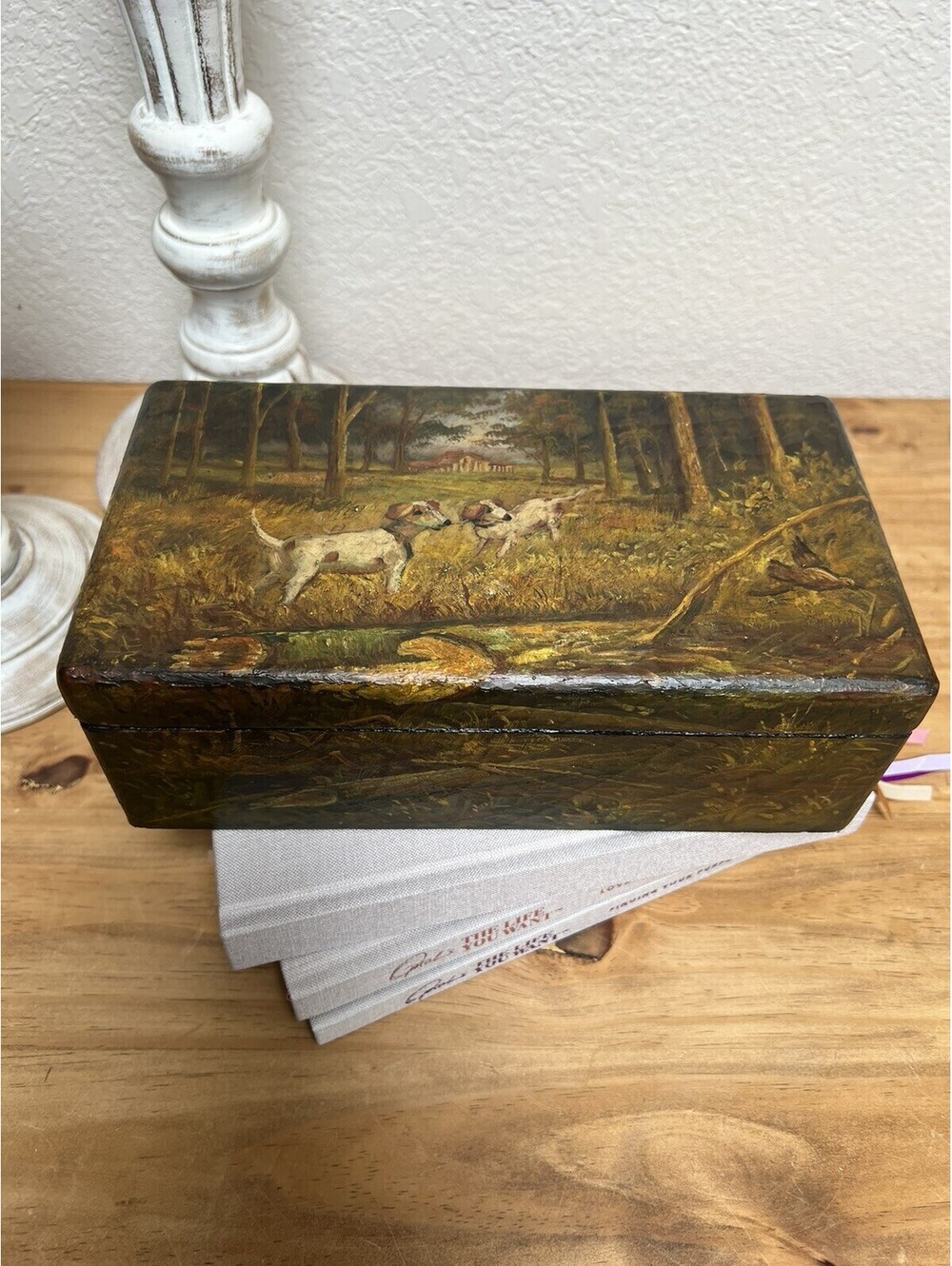 Wooden Painted Hunting Dog Storage Jewelry Box Jack Russel Terrier Green Velvet